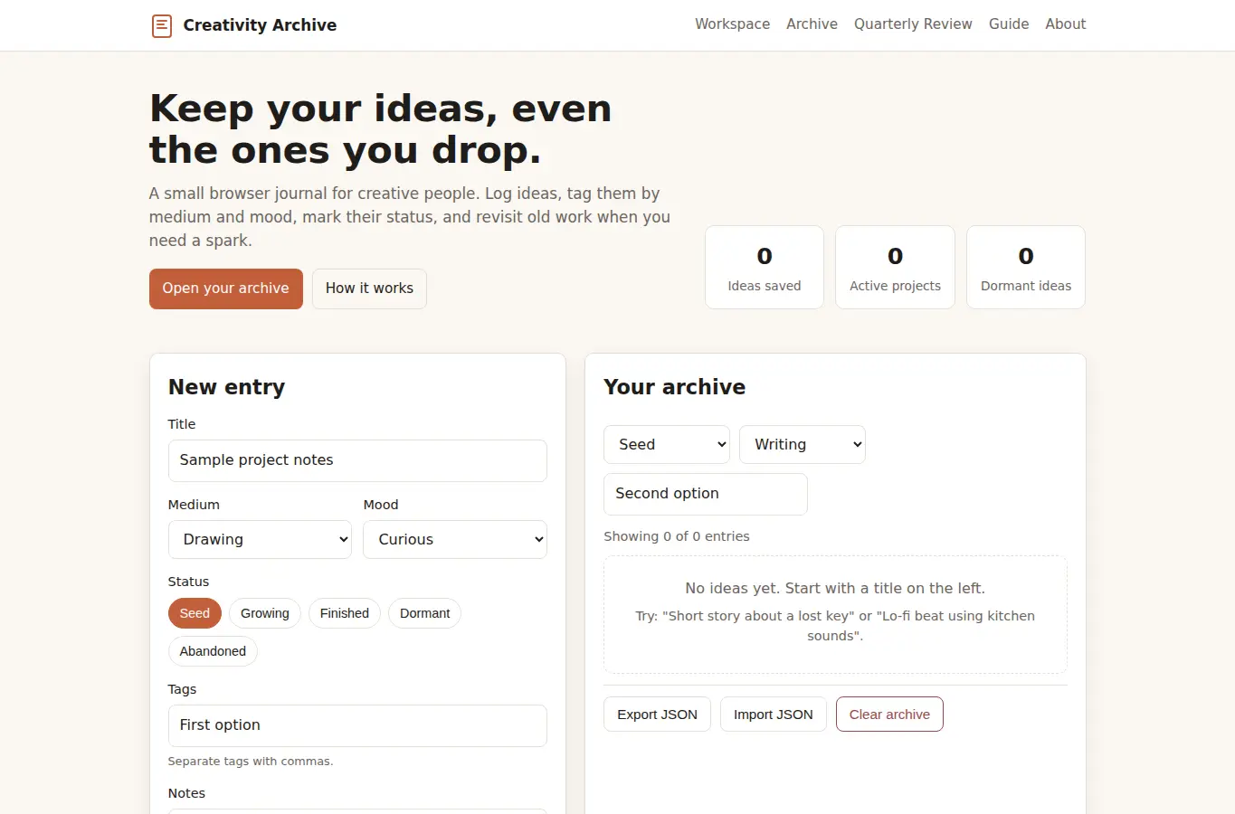 Screenshot of Personal Creativity Archive Journal interface showing the project page in use